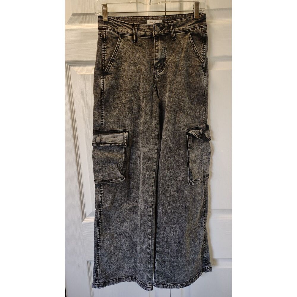 Fire & Rain Women's Black Acid Wash Cargo Wide Leg Jeans - Junior Size 7
